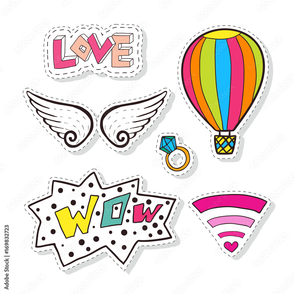 Fashion stickers elements with air balloon, wings and cute elements. Bright  vector clip art. Cartoon patches in 80s 90s comic trendy style. Stock  Vector | Adobe Stock