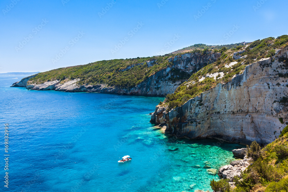 View of  Agios Nikolaos blue caves  in Zakynthos (Zante) island, in Greece
