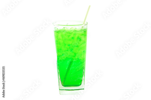 Apple green soda juice with ice and straw isolated on white background