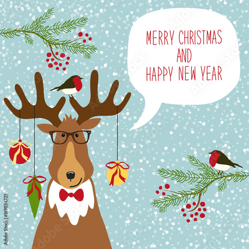 Cute retro Christmas card with funny cartoon character of deer with speech bubble