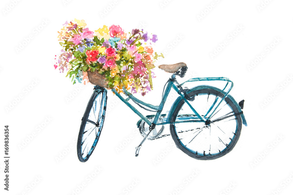 Fototapeta Retro błękitny bicykl z kwiatem na białym tle, akwarela ilustrator, rower sztuka