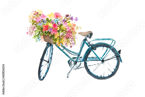 Fototapeta Retro błękitny bicykl z kwiatem na białym tle, akwarela ilustrator, rower sztuka