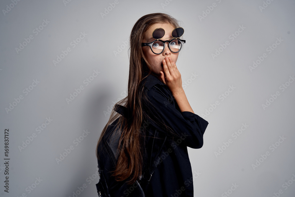 little girl with glasses with curtains little girl with glasses with curtains