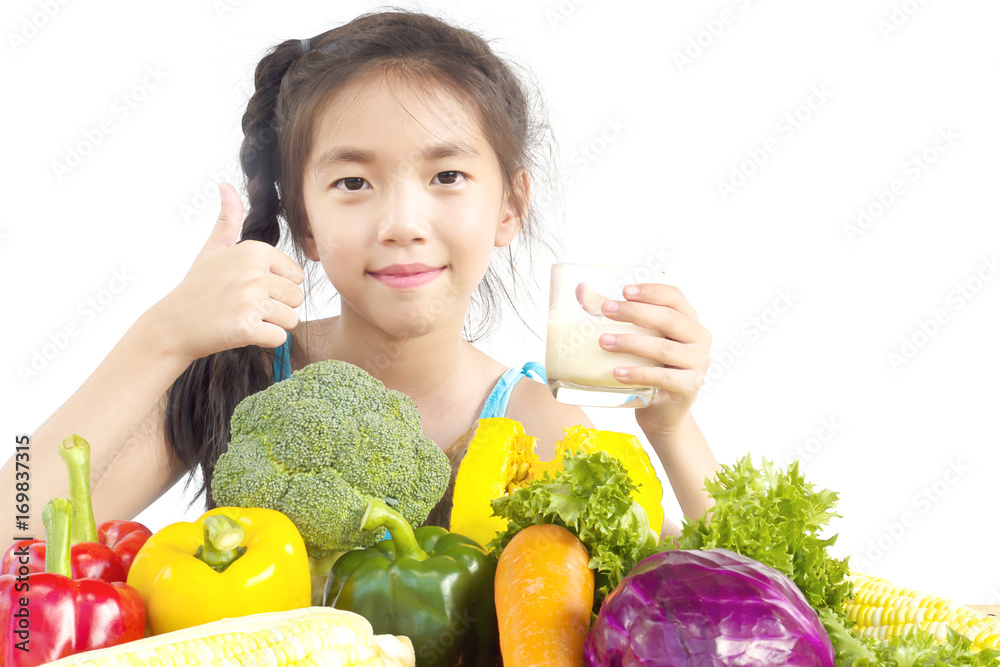 Asian lovely girl showing enjoy expression with fresh colorful vegetables and glass of milk isolated over white background Asian lovely girl showing enjoy expression with fresh colorful vegetables and glass of milk isolated over white background