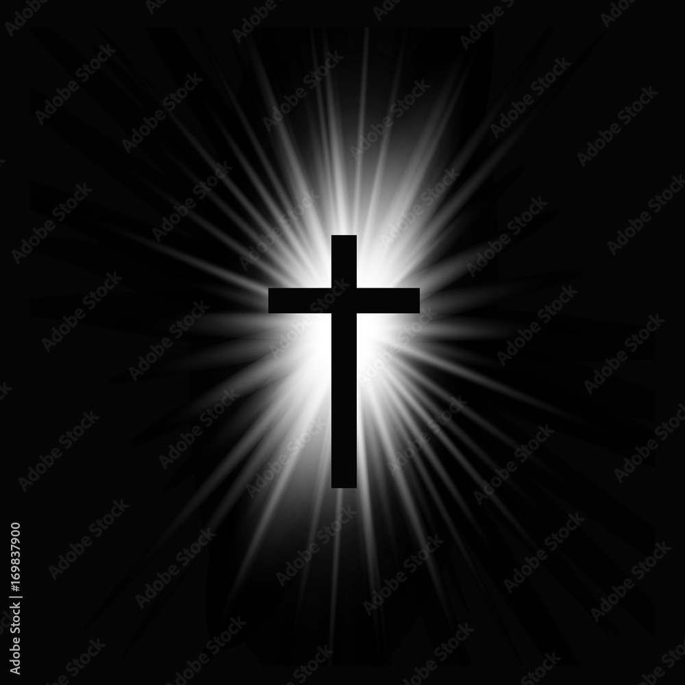 Religioush cross with sun rays  shine on the dark  background illustration