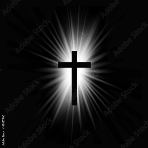 Religioush cross with sun rays shine on the dark background illustration