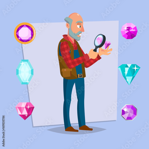 Jeweler Man Vector. Eyeglass Magnifier, Jewelry Gem Items. Occupation Person To Work With Precious Stones. Cartoon Character Illustration