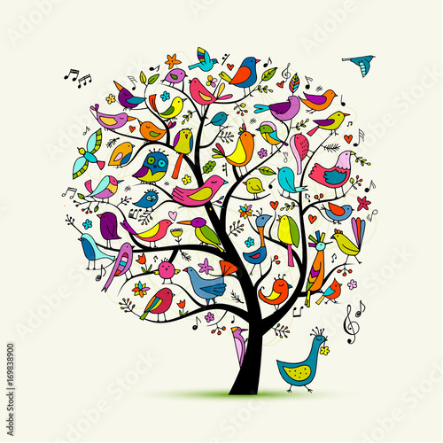 Tree with birds, sketch for your design