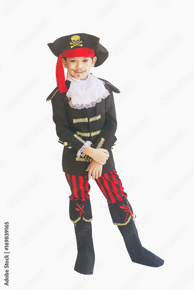 Asian boy smiling in pirate costume isolated over white Asian boy smiling in pirate costume isolated over white