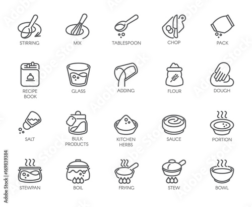 Line isolated icons on kitchen theme. Outline labels for cooking projects, home appliances, products, stickers, printing in books, buttons on sites and apps. Editable Stroke. 48x48 Pixel Perfect © FishCoolish