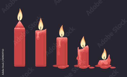Burning red candle on dark background. Vector flat illustration.