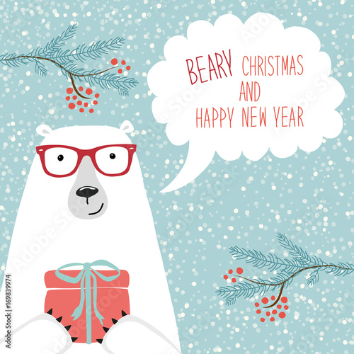 Cute retro Christmas card with funny cartoon character of polar bear with speech bubble