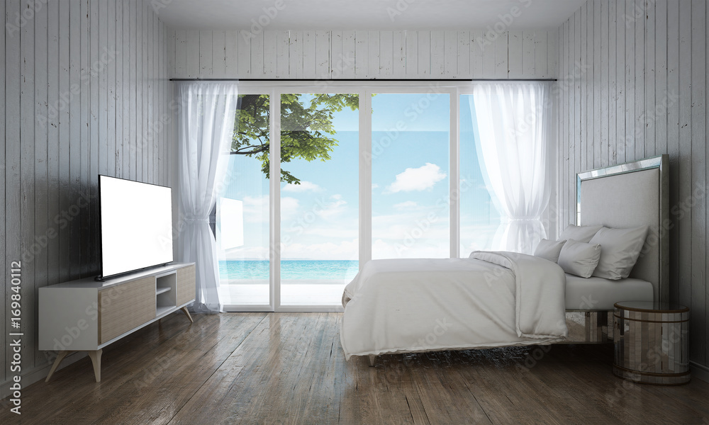 The luxury white bedroom interior design and wood wall background and sea view and lcd tv / 3D rendering new scene interior design