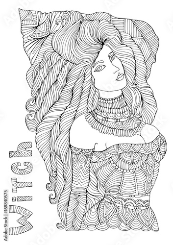 Vector young attractive witch in a high hat with curls hair. Halloween costume party. Pattern coloring page A4 size.