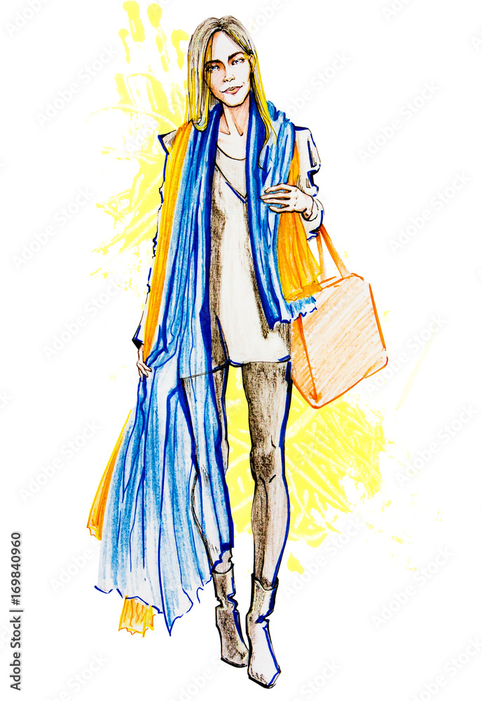 Beautiful woman with blue scarf and orange bag