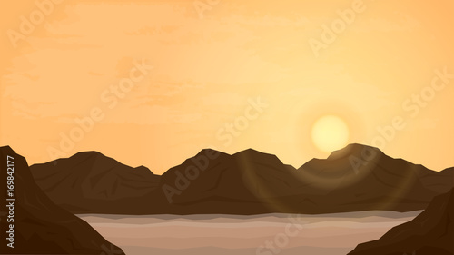 Cartoon Desert Landscape. Flat Vector Illustration with Sand, Mountains, Sky and setting Sun.