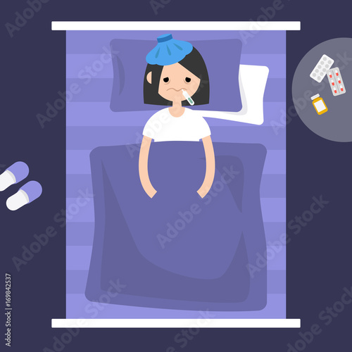 Sick brunette girl lying under the blanket with an ice pack on her head and thermometer in the mouth  / flat editable vector illustration