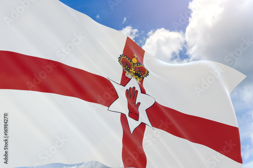 3D rendering of Northern Ireland flag waving on blue sky