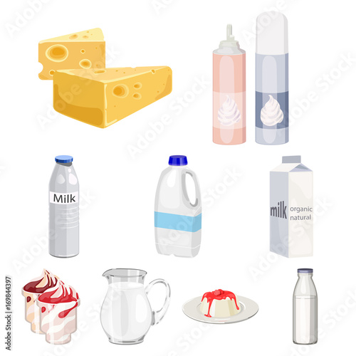 Milk product and sweet set icons in cartoon style. Big collection of milk product and sweet vector symbol stock illustration