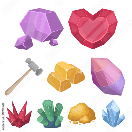 A set of jewelry, crystals, minerals and expensive metals. The jeweler inspects the ornaments.Precious minerals amd jeweler icon in set collection on cartoon style vector symbol stock illustration.