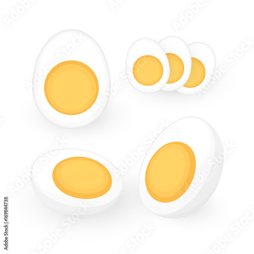 Set of fresh boiled eggs including slices, half cut pieces in flat style. Simple easy breakfast. Cooked food icon collection. Vector illustration
