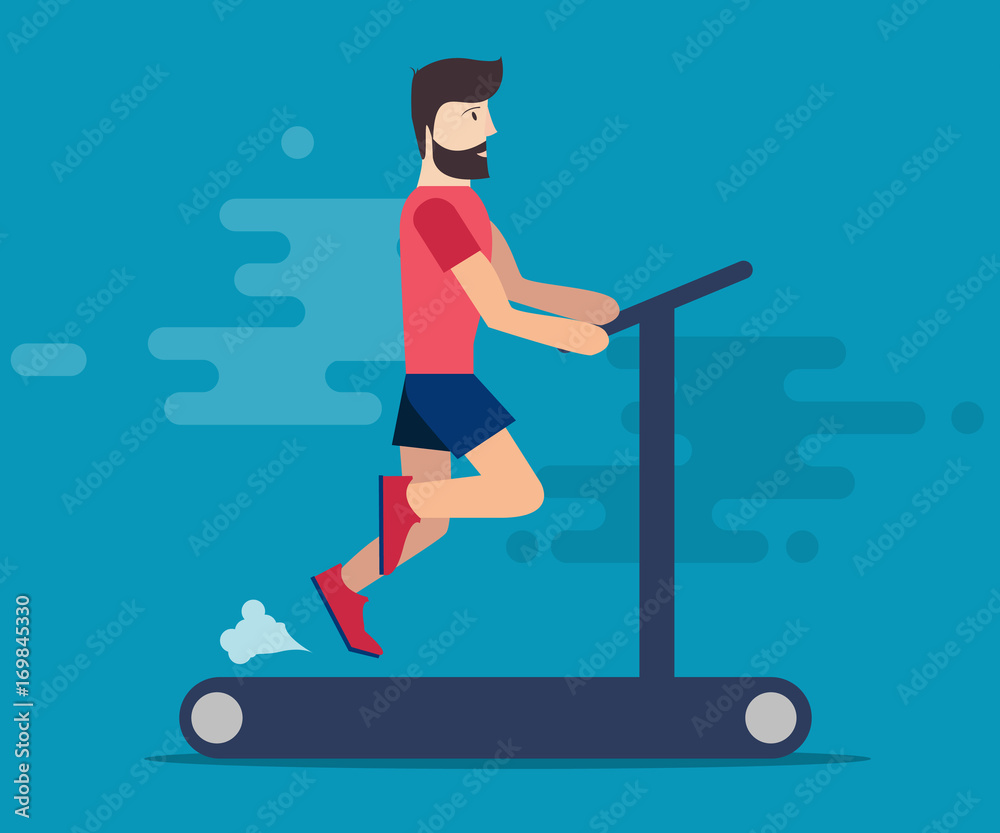 A sporty man with a beard is engaged in a hall on the treadmill. Running, playing sports. The carding of the car. Vecrornaya ilustratsiya, cartoon style