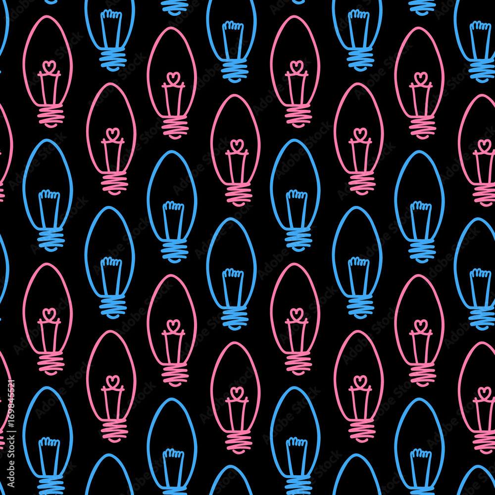 Lamp, light bulb with heart seamless pattern design. Hand drawn doodle light bulb icon. Concept of big idea inspiration, innovation, love. Vector illustration. Idea and love symbol. Sketch.  