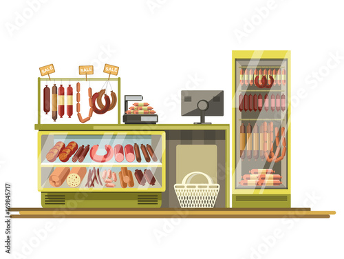 Butchery sausages shop counter of supermarket store product stand vector flat display