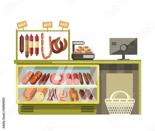 Butchery met sausages shop counter of supermarket store product vector flat display