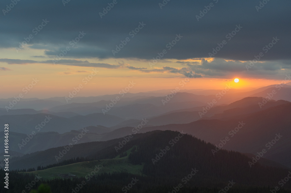 Sunset in the mountains. Travel to the mountains. Carpathians, Ukraine