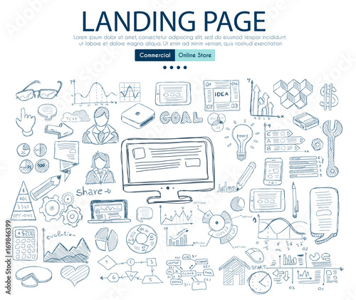 Landing Page concept with Business Doodle design style: company website, device testing,best solutions