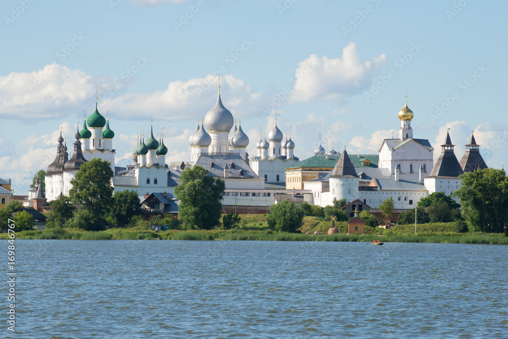 Orthodox domes over the Kremlin of Rostov Veliky in the sunny July afternoon. Golden Ring of Russia