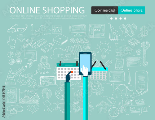 Ecommerce cart optimization concept with Business Doodle design style: online carts, sales and offers, best timing.