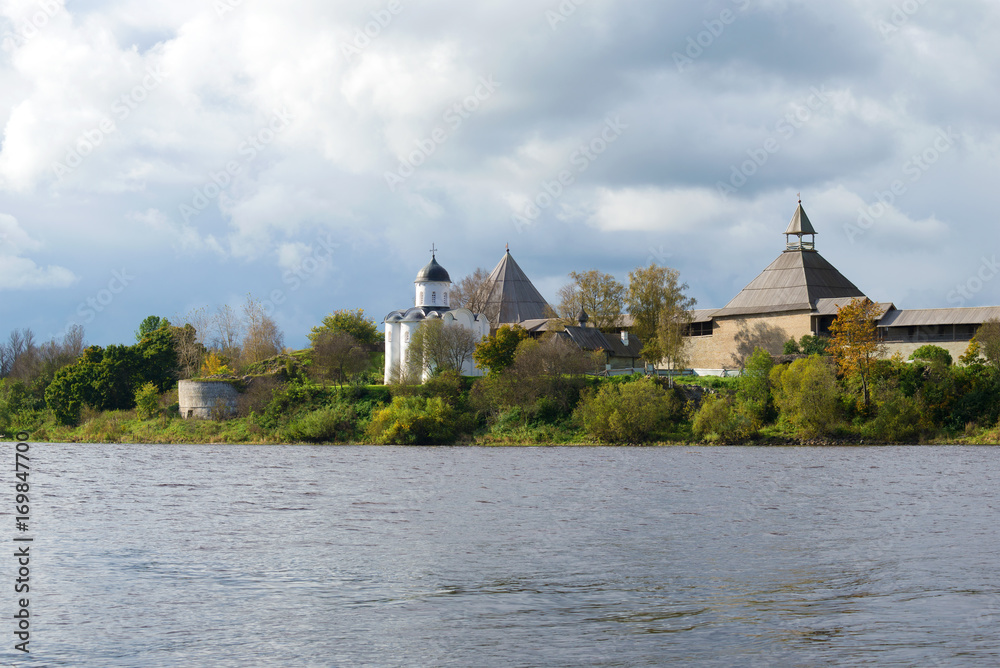 View of Saint Georgy's church in the Old Ladoga fortress in the cloudy September afternoon. Leningrad Region, Russia