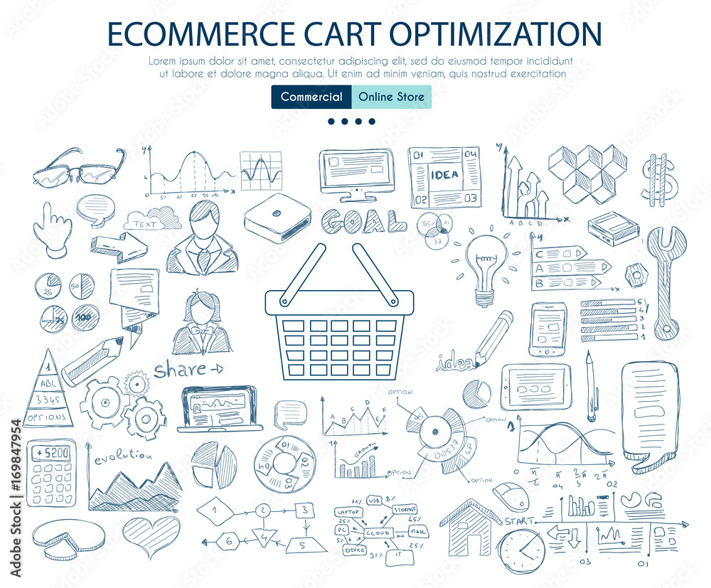 Ecommerce cart optimization concept with Business Doodle design style: online carts, sales and offers, best timing.