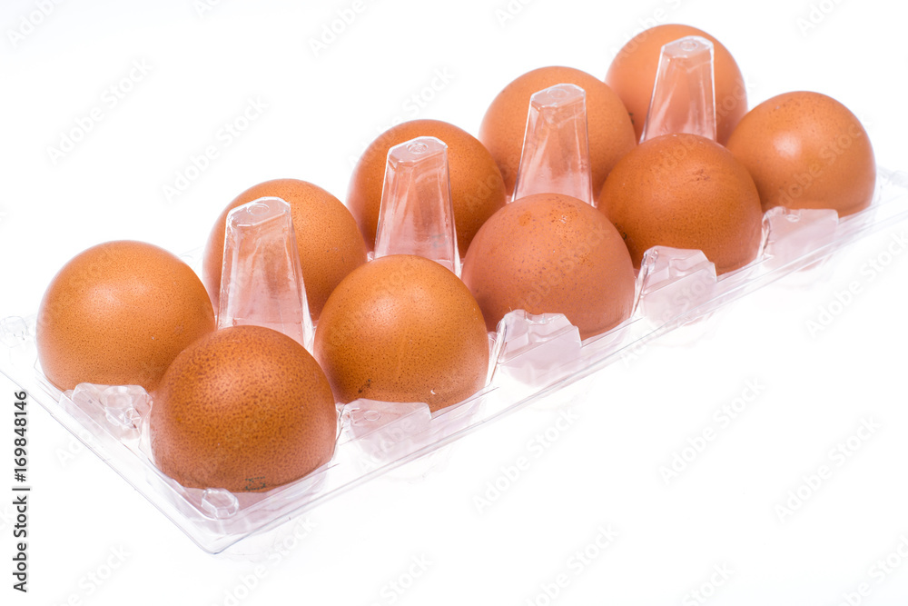 Chicken eggs with colored shell in plastic box Chicken eggs with colored shell in plastic box