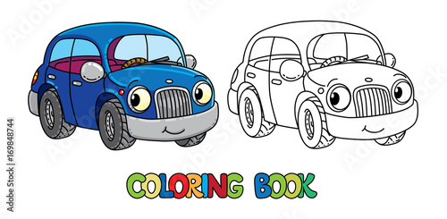 Funny small car with eyes. Coloring book