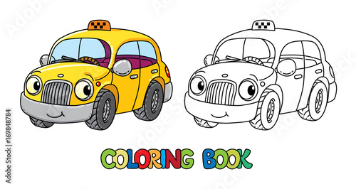 Funny small taxi car with eyes. Coloring book