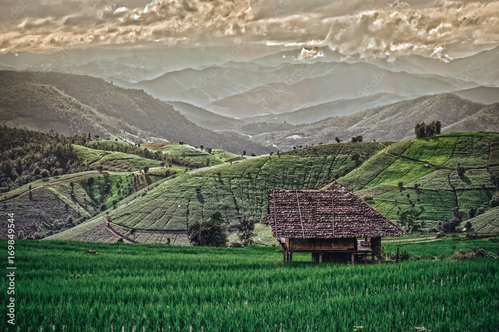 HDR the hut is located on the central farm Green. At Pa Pong Pieng Chiang Mai, Thailand