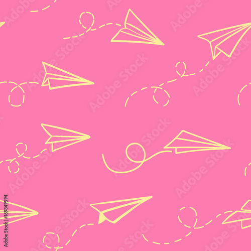 Seamless pattern with vector paper airplane. Travel  route symbol. Vector illustration of  background with hand drawn paper plane. Outline. Hand drawn doodle airplane. Black linear paper plane icon