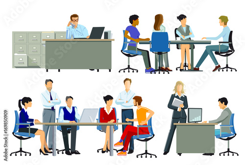 Büroarbeitsplatz, Gruppe von Personen am Arbeitsplatz, Illustration