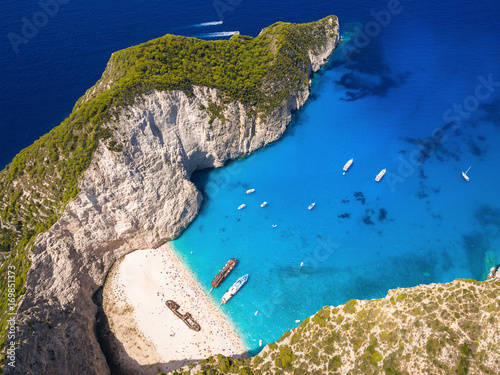 Aerial view of Navagio beach Shipwreck view in Zakynthos (Zante) island, in Greece