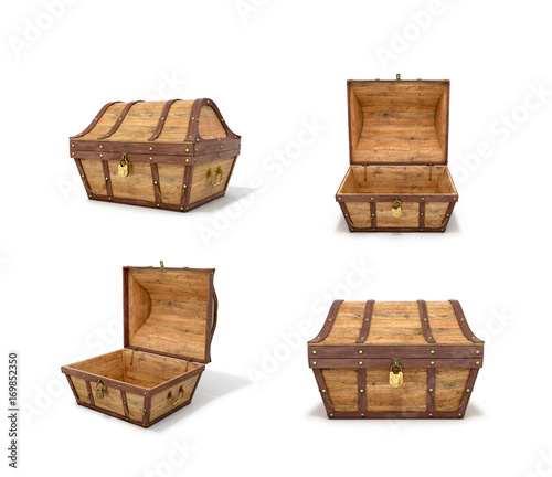 Photos A set of vintage wooden chests on a white background