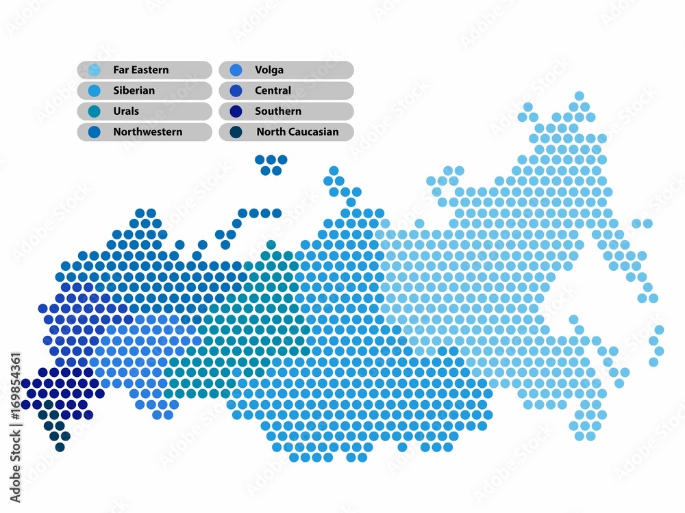 Russia Map of circle shape with the provinces colored in bright colors on white background. Vector illustration dotted style.