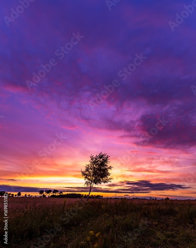 Beautiful spectacular sunset sky over meadows and fields