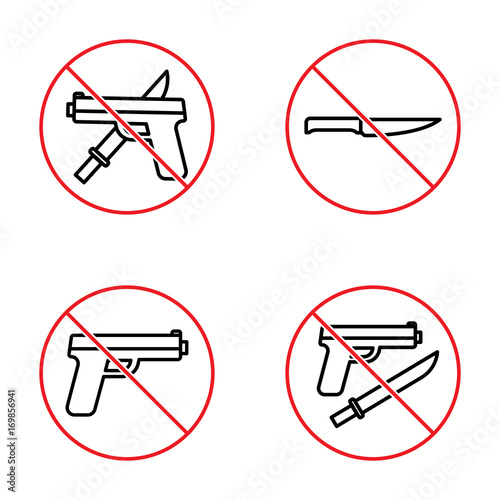 no gun and knife, weapons forbidden signs set on white background
