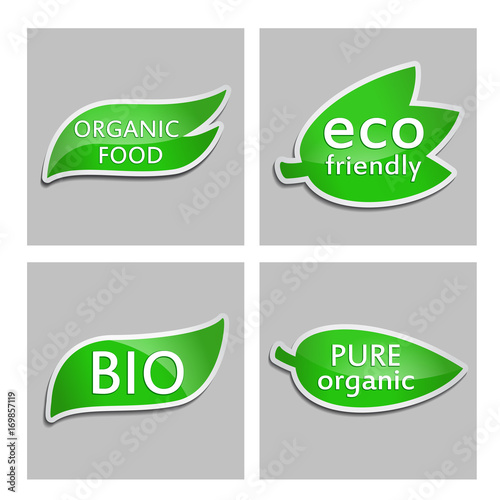 Green sticker Eco friendly, Bio, Pure organic, Organic food. Set. Vector Natural product icon for packaging design, web-design, booklets, logo creation, design. Organic natural cosmetic and food label