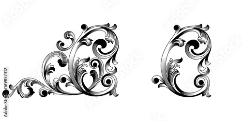 Set of vintage baroque ornament, corner. Retro pattern antique style acanthus. Decorative design element filigree calligraphy vector. - stock vector