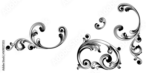Set of vintage baroque ornament, corner. Retro pattern antique style acanthus. Decorative design element filigree calligraphy vector. - stock vector