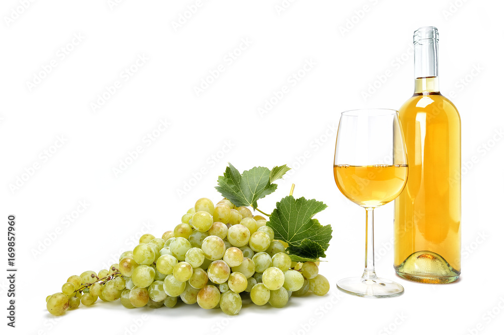 White grape bunch and wine glass on white background.